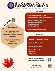 Weekly bulletin with schedule: 10/13 Divine Liturgy 6-7:30am Life & Spirit Bible Study 6:30pm-7:30pm 10/14 Divine Liturgy 9-11:30am SALT Youth Day 9-3pm Vespers 6:30-7pm Bible Study 7-8pm 10/15 Divine Liturgy 9-11:30am Readings include: Pauline: 2 Corinthians 2:12-3:6 Catholic: 1 Peter 1:22-2:5 Praxis: Acts 13:36-43 Psalms & Gospel: Ps. 33:1-2 Mark 2:1-12 On left is a QR code to sign up for SALT Youth Day, and a reminder for Giving Tuesday. Usual QR codes for visitation/confession with Father Jacob and prayer requests in lower right corner.