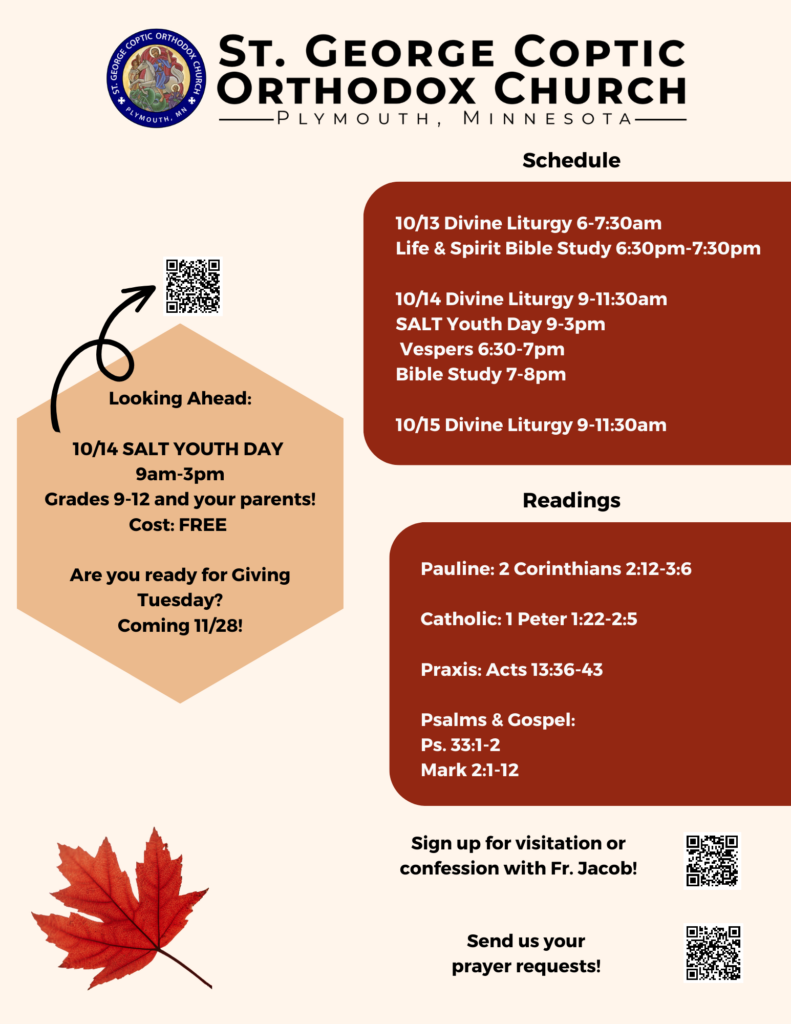 Weekly bulletin with schedule: 10/13 Divine Liturgy 6-7:30am Life & Spirit Bible Study 6:30pm-7:30pm 10/14 Divine Liturgy 9-11:30am SALT Youth Day 9-3pm Vespers 6:30-7pm Bible Study 7-8pm 10/15 Divine Liturgy 9-11:30am Readings include: Pauline: 2 Corinthians 2:12-3:6 Catholic: 1 Peter 1:22-2:5 Praxis: Acts 13:36-43 Psalms & Gospel: Ps. 33:1-2 Mark 2:1-12 On left is a QR code to sign up for SALT Youth Day, and a reminder for Giving Tuesday. Usual QR codes for visitation/confession with Father Jacob and prayer requests in lower right corner.